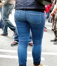 Spread legs in tight spandex jeans