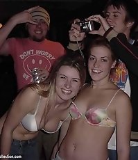 Girls lean forward and show tits under blouses