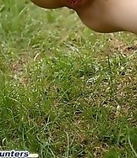 Posh hoochie takes a stop in the woods to piss