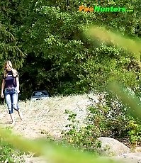 Perverted blonde flasher teen pisses in forest